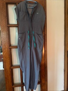 FIGS Gray Jumpsuit with Teal Drawstring